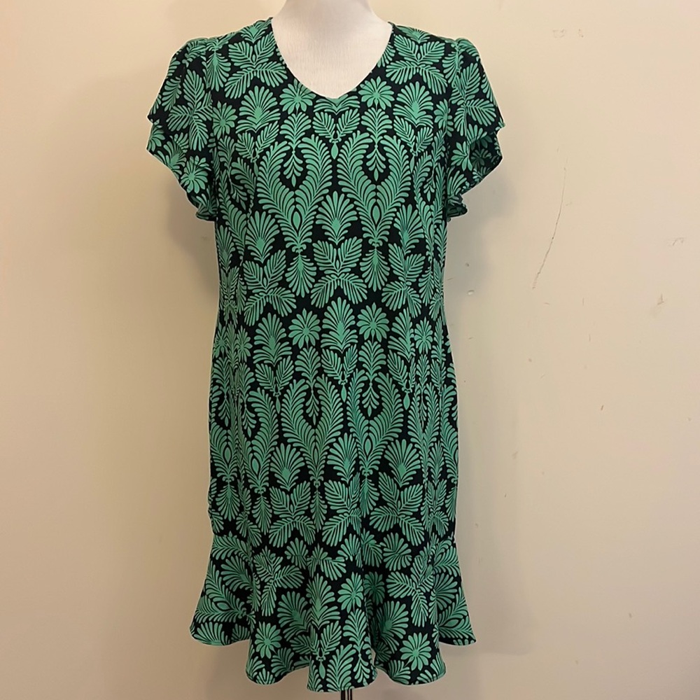 CAbi Black and Mint Green Damask-Print Flutter-Sleeve Midi Dress